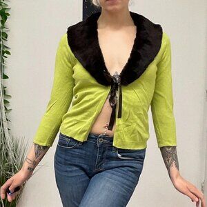 White + Warren Faux Fur Collar Crop Top 3/4 Sleeve Size M Green